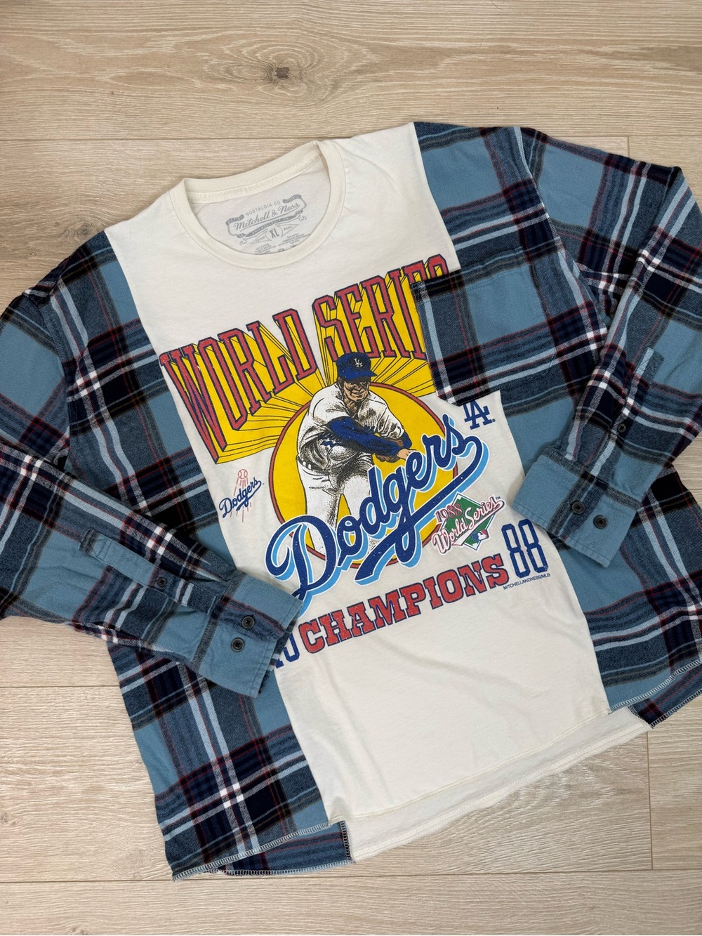 Remi Lyn & Co. Handmade Upcycled Split Dodgers & Flannel Long Sleeve Tee